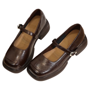 舒适软皮厚底玛丽珍鞋女一字带复古风咖色中跟小皮鞋浅口方头单鞋