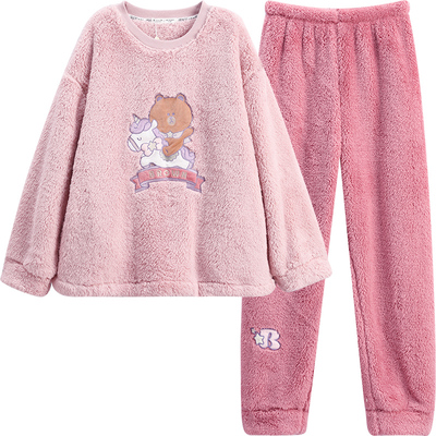 芬腾布朗熊睡衣女珊瑚绒秋冬套装