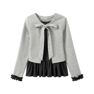 奶油的宇宙 波点绑带荷叶边磨毛加厚内搭长袖女韩系风假两件上衣