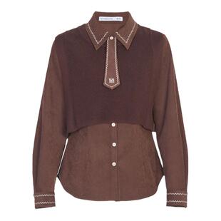 婉甸秋季咖色毛织H型绣花长袖两件套衬衫1234S13SX4