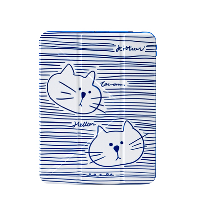 蓝色条纹猫咪ipad保护套带笔槽Y