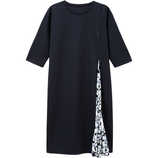 无谓韩式文艺2025秋季新款女装宽松显瘦拼接撞色气质印花连衣裙女