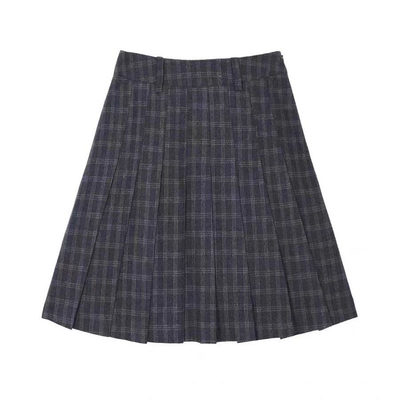 miu系毛呢灰色格子百褶裙中长裙