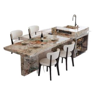 法式四季粉绿岩板岛台餐桌一体别墅家用2026新款带水槽中导台定制