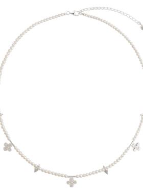 DANCE BLING纯银淡水珍珠项链幸运四叶草吊坠精致优雅银色锁骨链