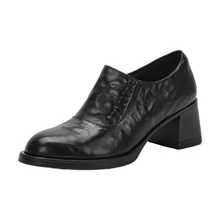 星期六英伦复古深口单鞋女黑色真皮粗跟高跟鞋圆乐福鞋春秋女鞋