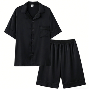 芝桃鸟夏季冰丝睡衣男女情侣黑色仿真丝绸短袖短裤纯色家居服套装