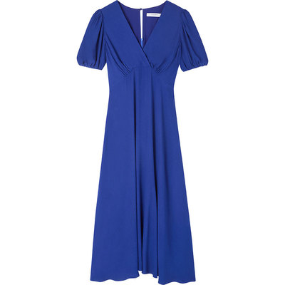 lkbennett克莱因蓝色V领连衣裙2025年夏新款气质泡泡袖收腰长裙