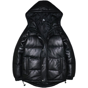 男女真皮羽绒防寒服头层绵羊皮衣连帽青年休闲冬季加厚保暖外套左