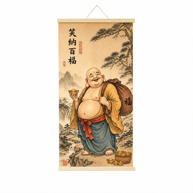 招财纳福弥勒佛国画挂画客厅装饰画中式传统美学油画布玄关挂画