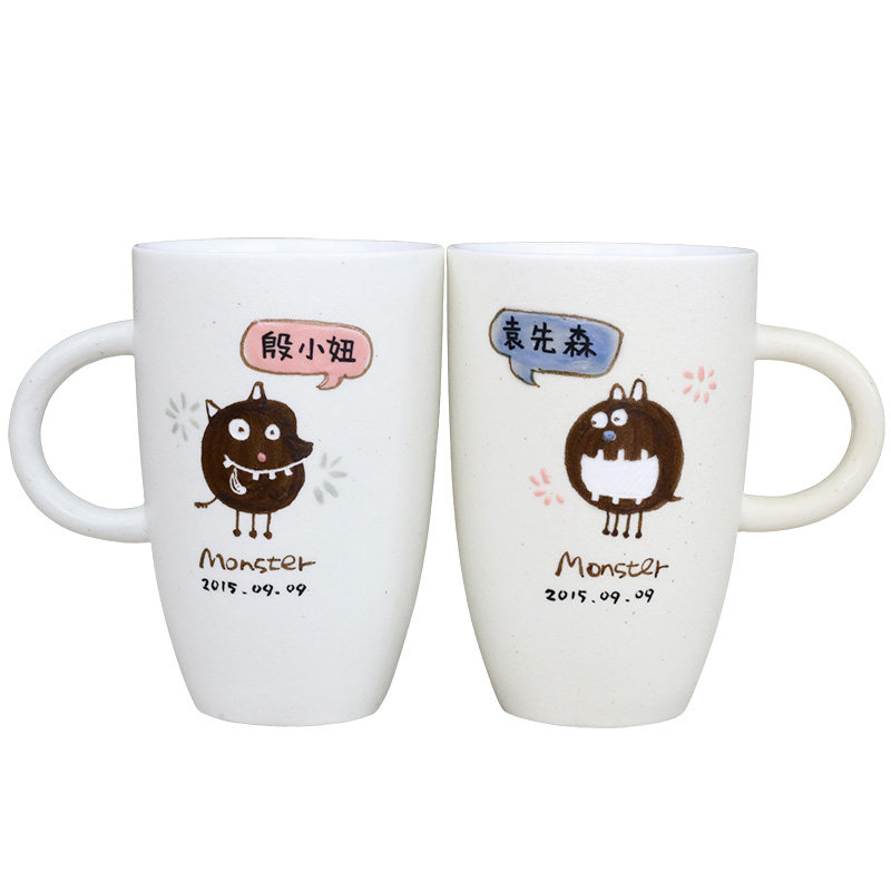 小怪兽创意彩绘马克杯带盖勺子情侣杯子一对陶瓷个性定制水杯刻字