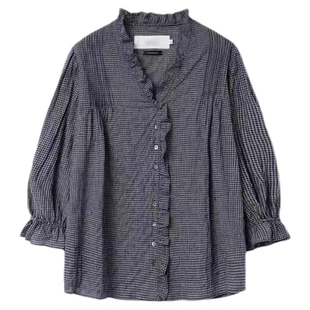 V领荷叶边格子衬衫韩国2026新款viaplain宽松复古褶皱单排扣上衣
