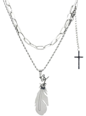 钛钢双层链男女羽毛十字架设计