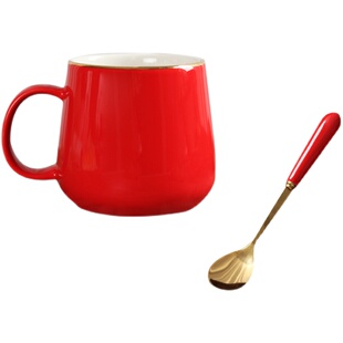 陶瓷个性水杯家用马克杯带盖潮流少女心粉嫩情侣大肚杯、红色杯子