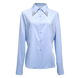 YongeFinch扬芬缇蓝色翻领衬衫女长袖精致钻饰领口上衣衬衫BASE