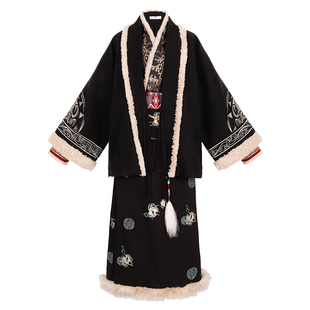 花朝记｜苍弦｜冬季加绒汉服｜黑色甜酷｜宋制对襟袄飞机袖两片裙