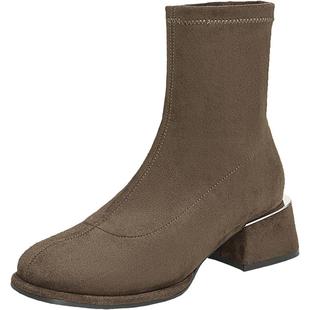 百思图冬商场新款法式绒面弹力瘦瘦靴加绒粗跟女短靴E0283DD4