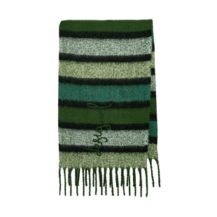 Desigual绿色毛圈绣条纹拉毛流苏围巾