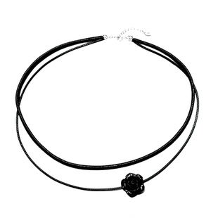 S925纯银高级黑色小羊皮双层黑色山茶花皮绳项圈女choker颈链小众
