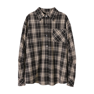 宽松中长款长袖格子衬衫bm风衬衣