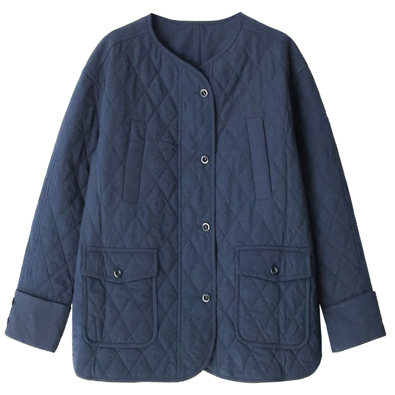 菱格绗缝圆领单排扣文艺轻薄棉服