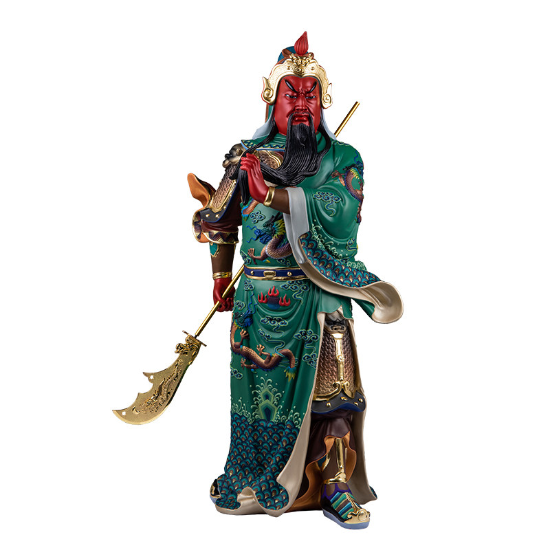 中式铜彩绘关公武财神供奉摆件