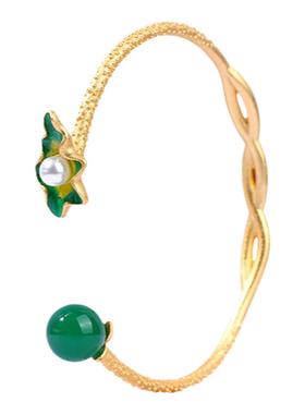 民族宫廷风手饰复古法镀金饰品镀金烧蓝天然玉髓荷叶手镯气质手环