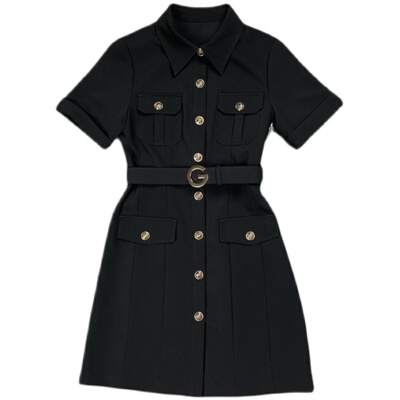 聚酯纤维纯色通勤扣子腰带A字裙