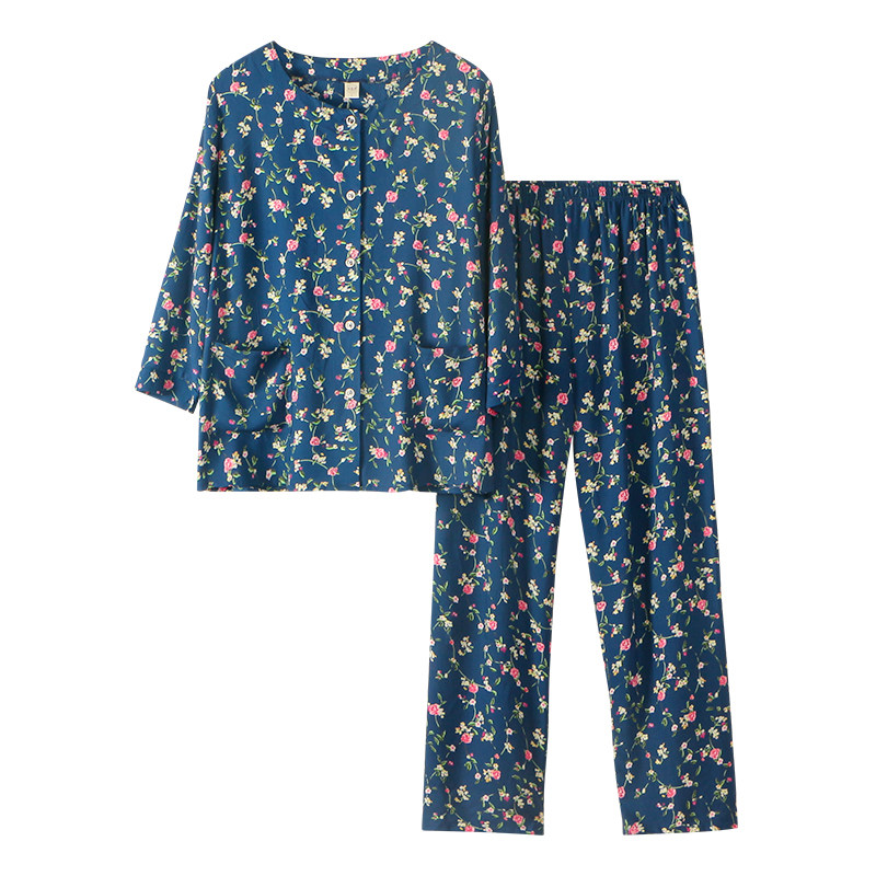 夏季中老年女款棉绸外穿休闲薄款七分袖长裤开衫圆领家居服套装