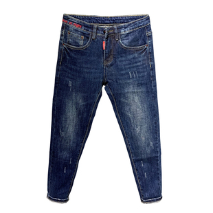 九分牛仔裤男春季新款网红小脚裤子潮流韩版刺绣深蓝色修身9分裤