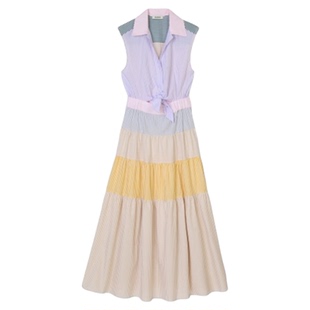 博主同款SANDRO春夏女装法式优雅棉质条纹拼色长款系带无袖连衣裙