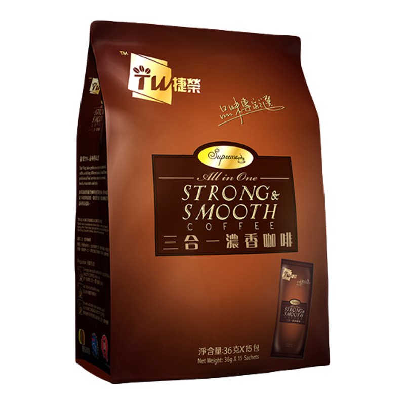 捷荣皇牌系列三合一速溶浓香咖啡办公提神36克x15包*3袋装540克x3