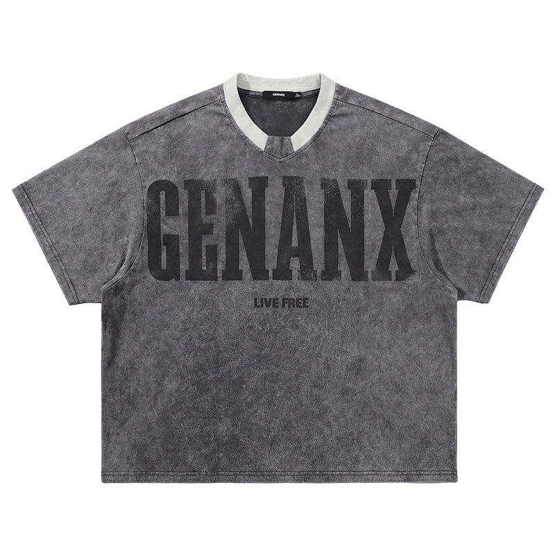 GENANX闪电潮牌蜡染双纱球衣V领T恤2026春季新款印花情侣短袖上衣