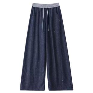 深蓝色满钻牛仔裤女夏季薄款2026新款高腰丹宁窄版阔腿直筒弯刀裤