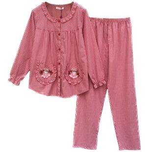 艾贝芬新款睡衣女棉麻月子服居家纯棉布格子大码长袖薄25秋套装