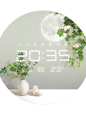 圆形绿植夜光电子玻璃挂钟