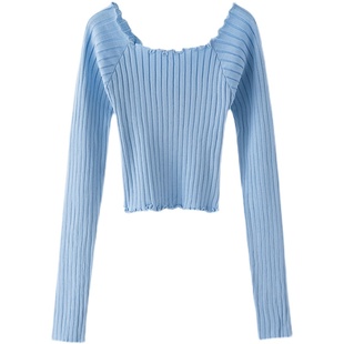 小心机木耳边高腰一字领露肩针织打底衫t恤女韩版锁骨上衣显瘦潮