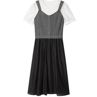 【凉感曲珠】诗篇专选圆领撞色针织拼接假两件连衣裙夏款