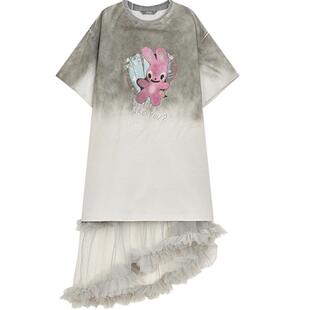 妖精的口袋兔子印花灰色渐变网纱拼接连衣裙女2026年夏季新款裙子