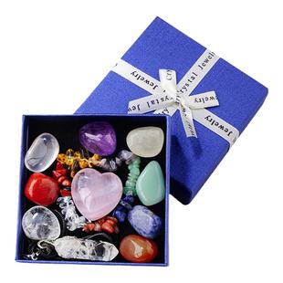 天然水晶原石滚石七彩石套装 粉水晶爱心六棱柱吊坠碎石手链套盒