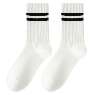 白色袜子女款秋季纯棉中筒网红款女士条纹运动跑步羽毛球网球长袜