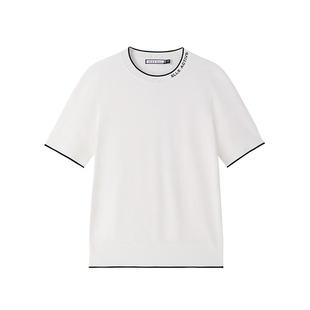 ELLE Active2026春夏新款提花短袖针织衫女气质修身上衣白色t恤