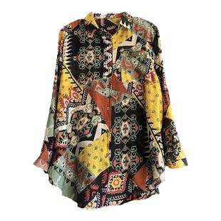 民族风碎花长袖下摆打结衬衫女2025春秋季丝棉单排扣上衣直筒显瘦