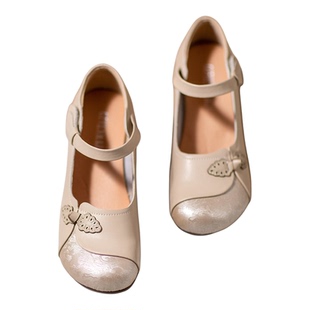 中年老人妈妈真皮中跟单鞋奶奶女士拉带方口皮鞋半高跟走秀跳舞鞋