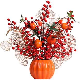 轻奢新款仿真红果石榴果红浆果高档电视柜玄关创意新中式花艺摆件