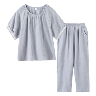 棉纱睡衣女款2026新款小个子150春夏纯棉蓝色绉布短袖家居服套装