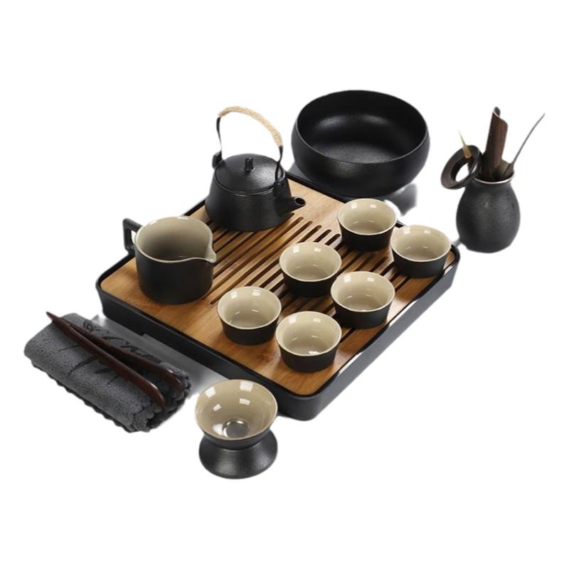 小茶具套装功夫茶杯家用日式简约客厅办公黑陶瓷泡茶壶茶盘托盘