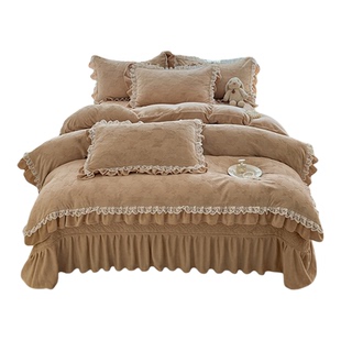 加厚秋冬法式床盖雕花牛奶绒四件套公主风韩版花边款双面保暖加绒