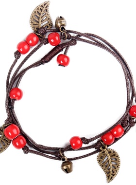 叶子铃铛陶瓷脚链森系女本命年红