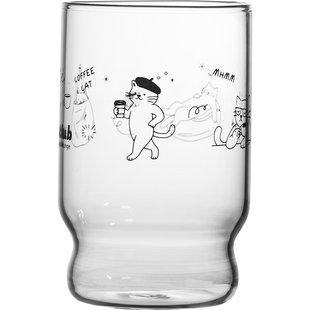 气泡招待所‘猫咪俱乐部耐高温玻璃杯简笔画小猫牛奶咖啡杯饮料杯